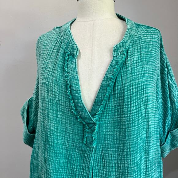 Umgee 100% Cotton Gauze Tunic Top Size M Teal Boho Oversized Summer Blouse - Picture 9 of 9